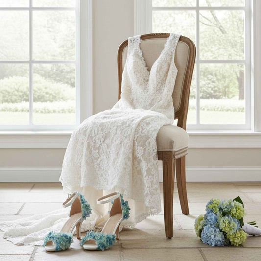 White lace dress on a chair with pretty floral wedding shoes and flowers in a bright room.