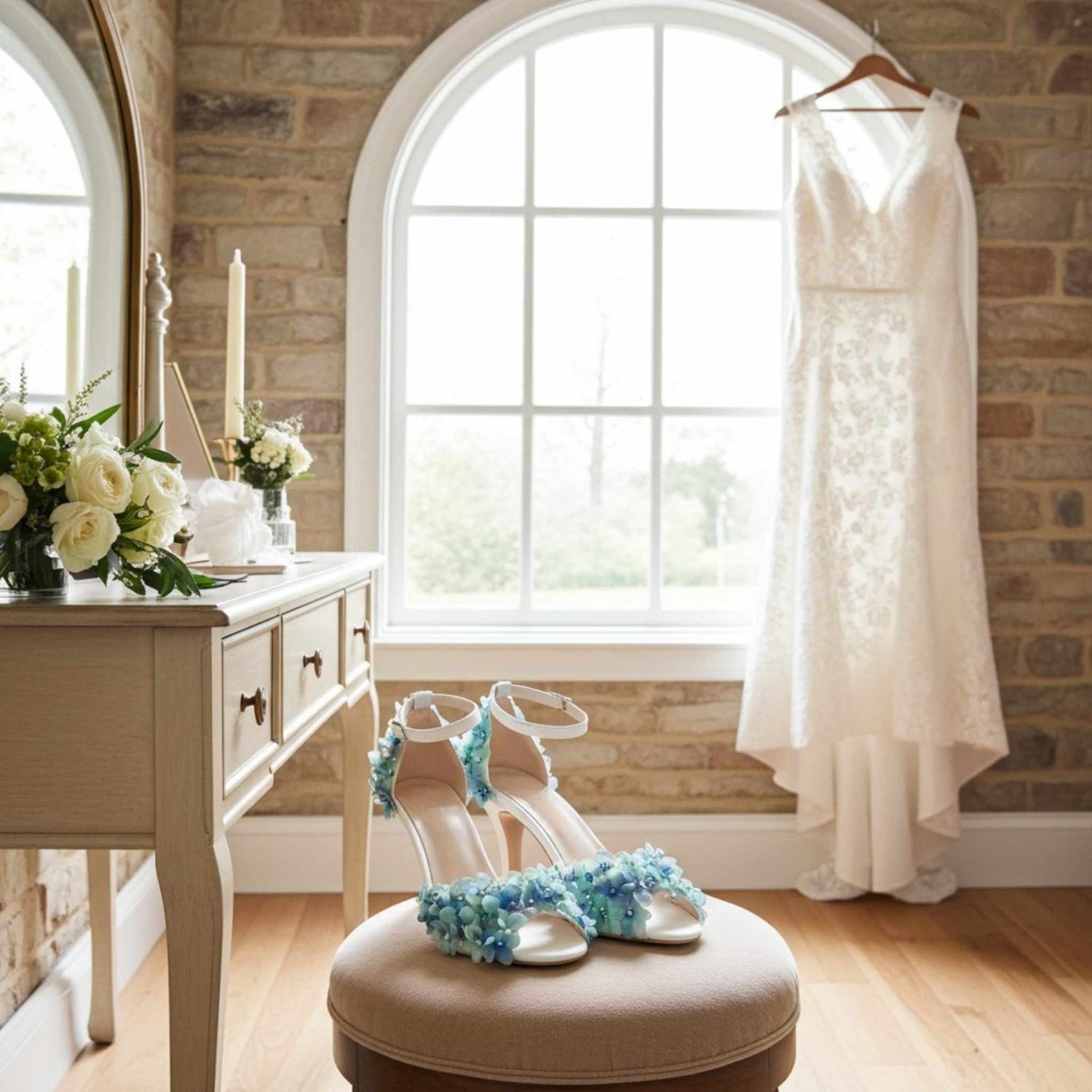 Wedding dress and shoes with floral details in a room with a brick wall and large window.