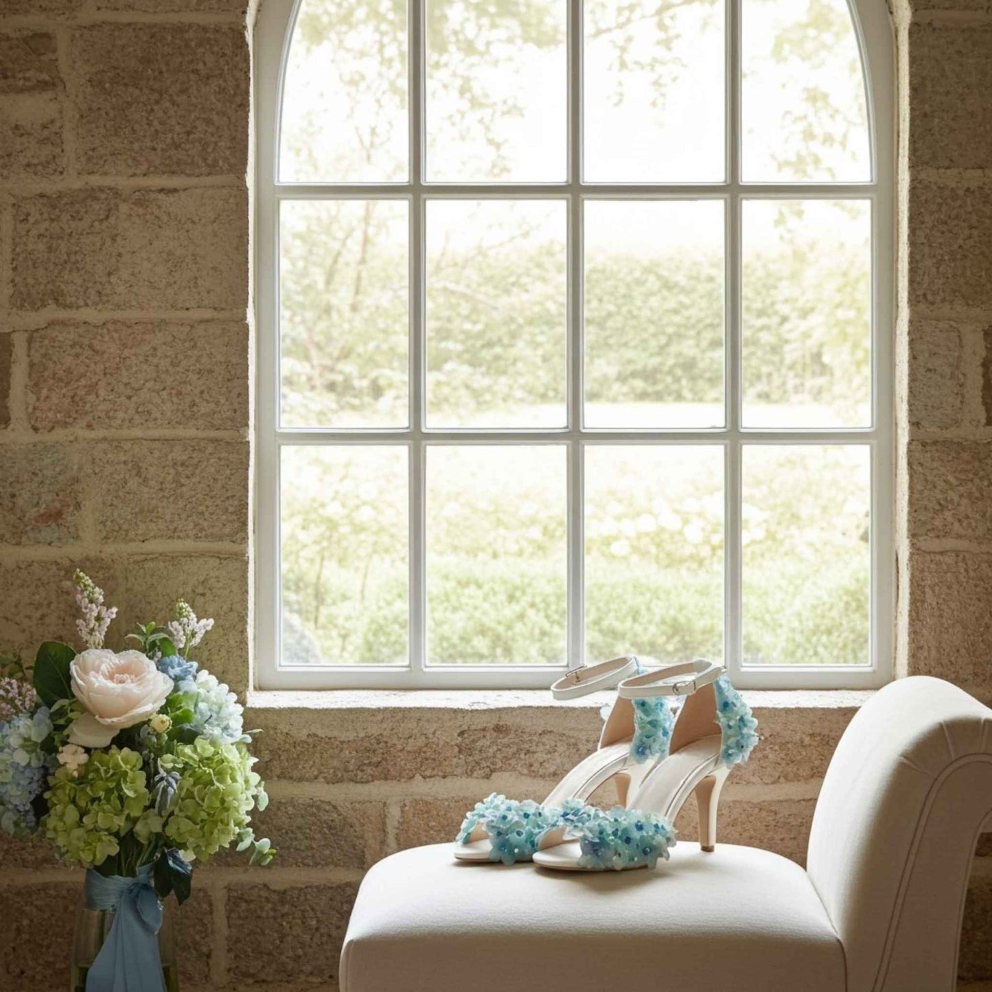 Ivory high-heeled shoes with blue floral decorations on a white chair next to a bouquet of flowers in front of a large window.