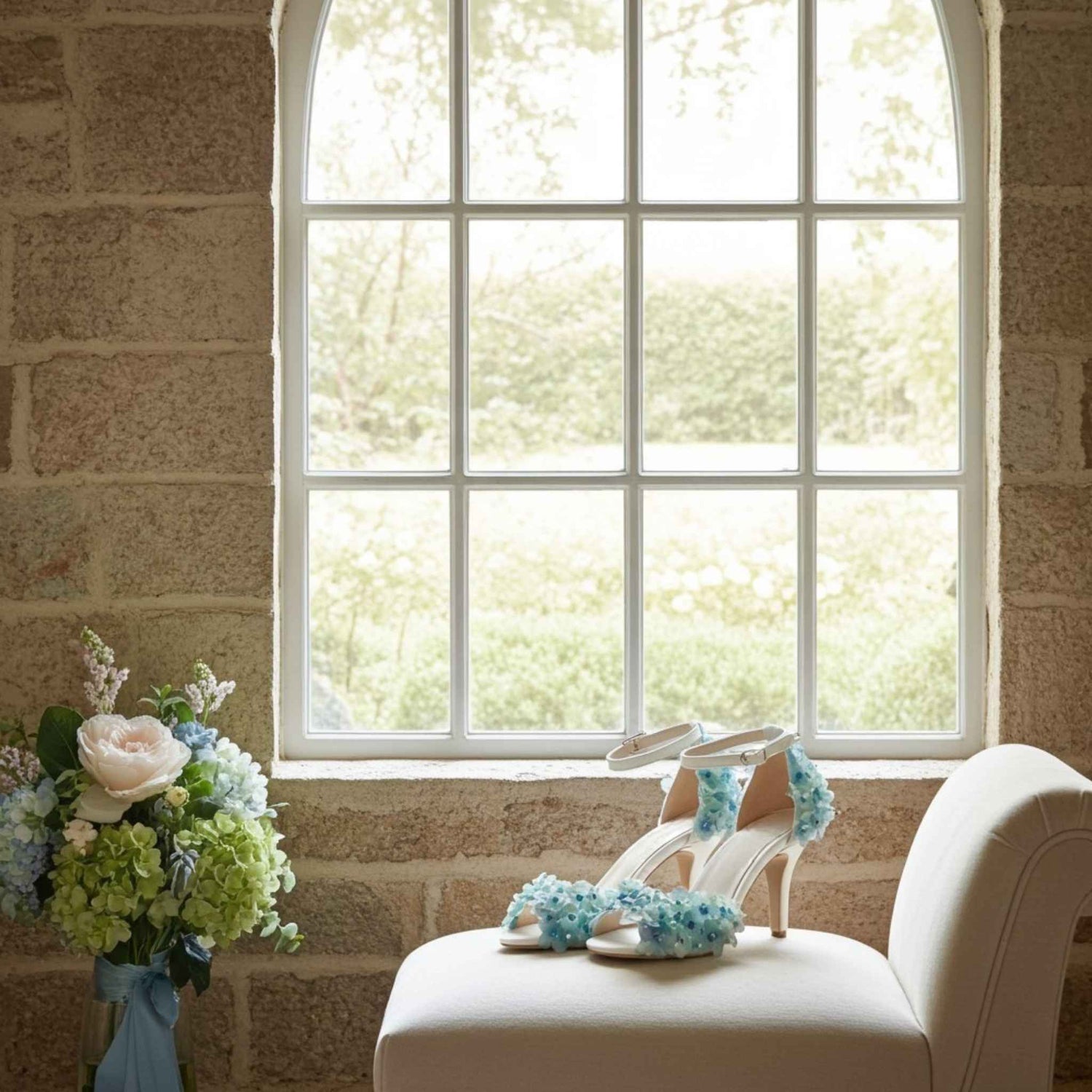 Ivory high-heeled shoes with blue floral decorations on a white chair next to a bouquet of flowers in front of a large window.