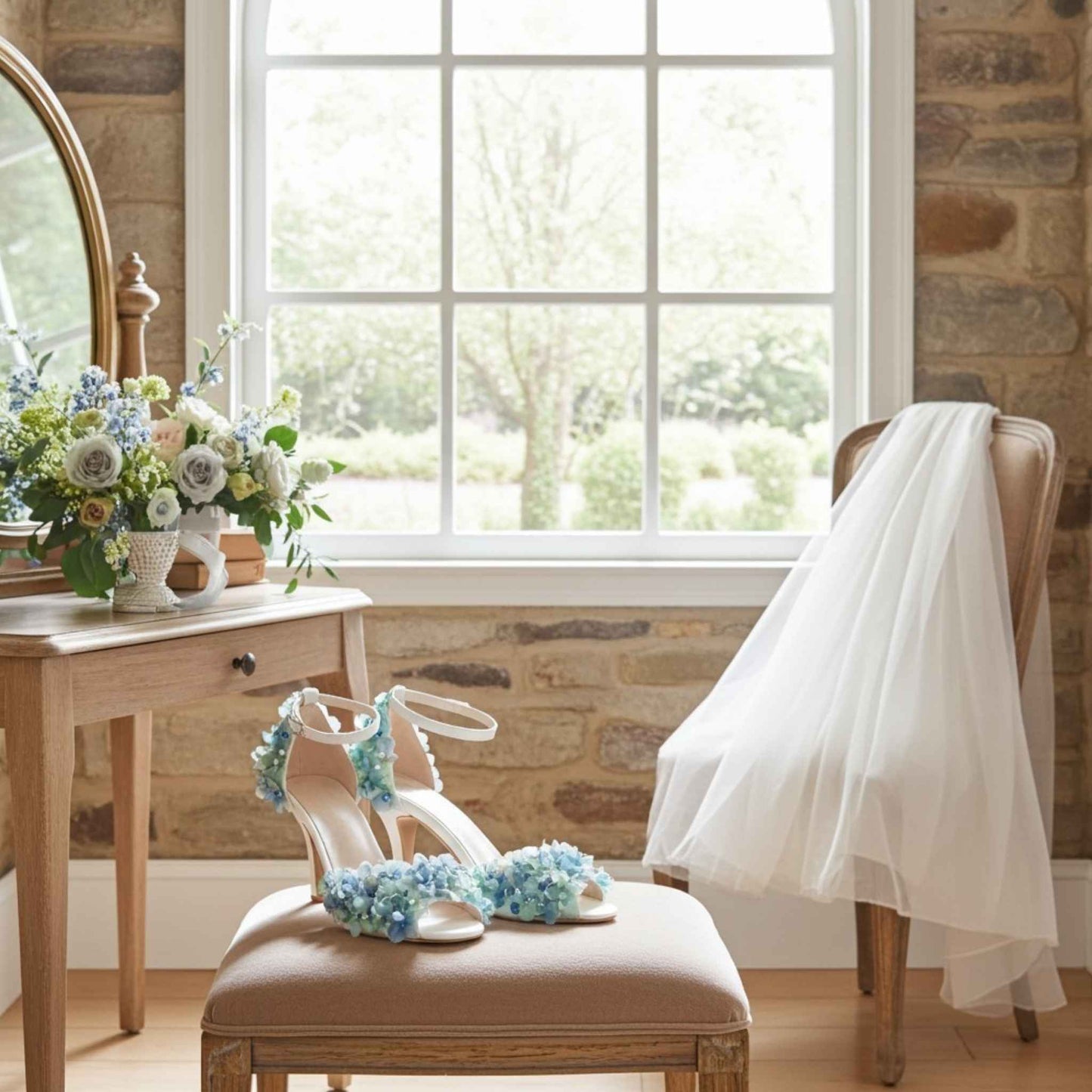 Bridal shoes with floral decorations on a stool in a room with a window and flowers.