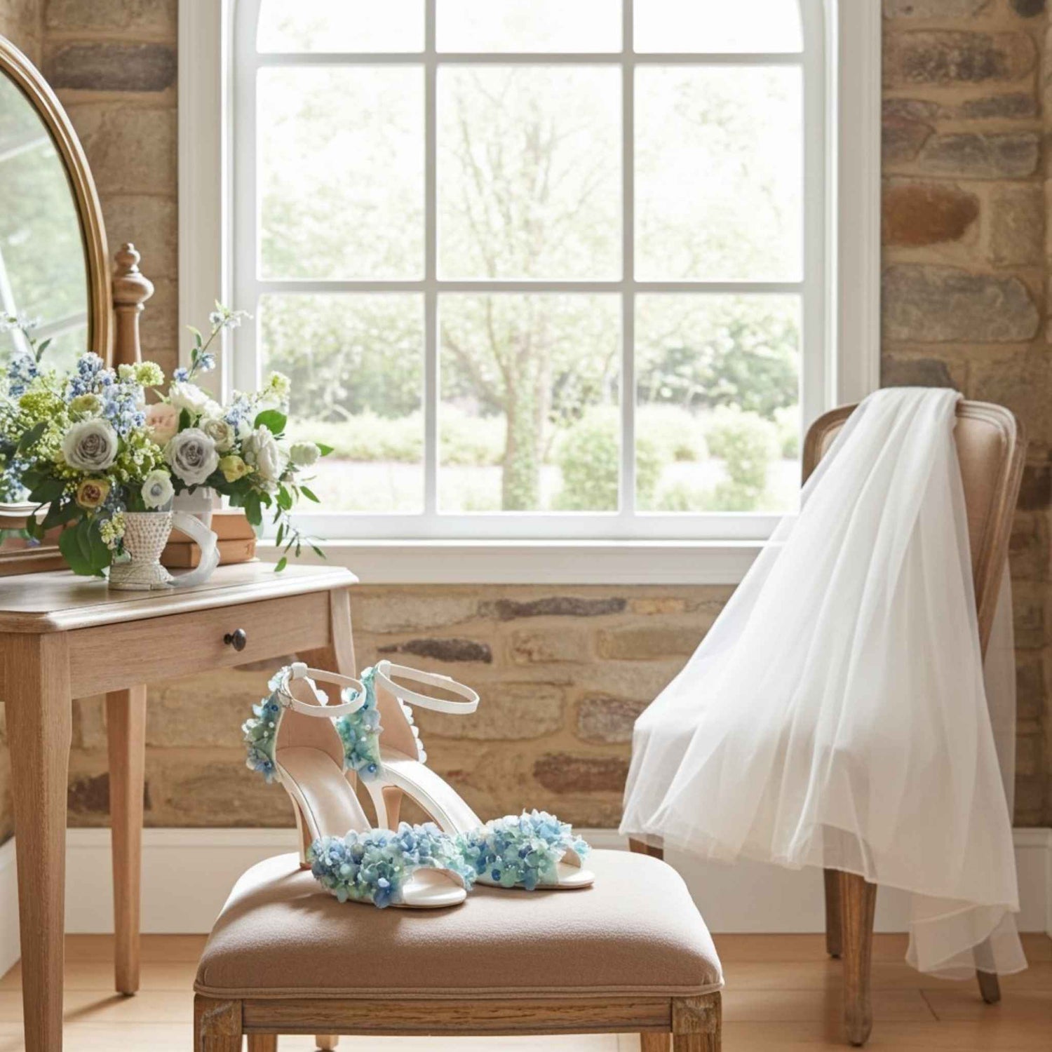 Bridal shoes with floral decorations on a stool in a room with a window and flowers.