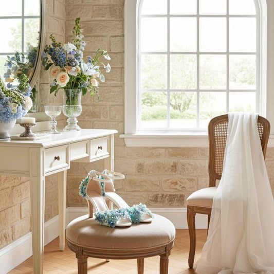 Decorative bridal shoes with a dressing table, chair, and ottoman in a room with a window and floral arrangement.