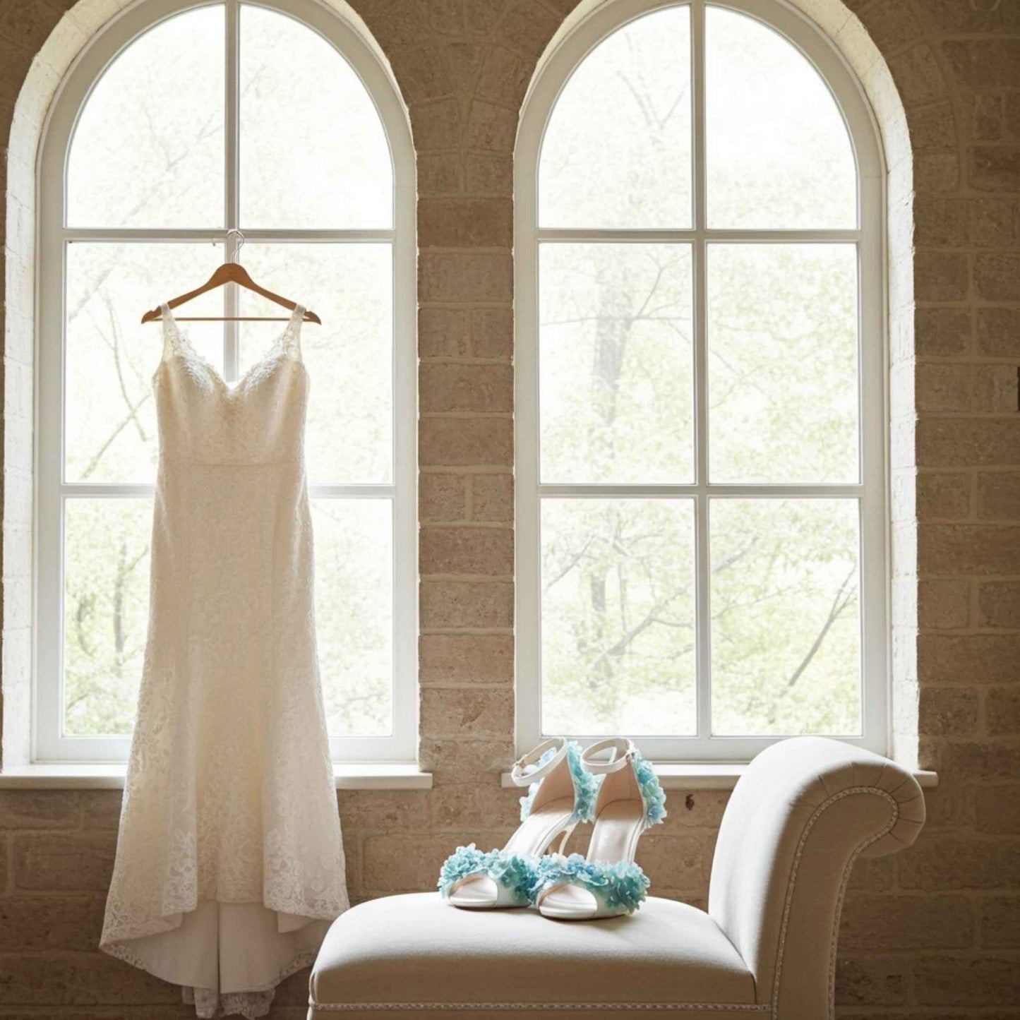 White wedding dress hanging on a hanger next to a white chair with blue floral bridal sandals on a brick wall background.
