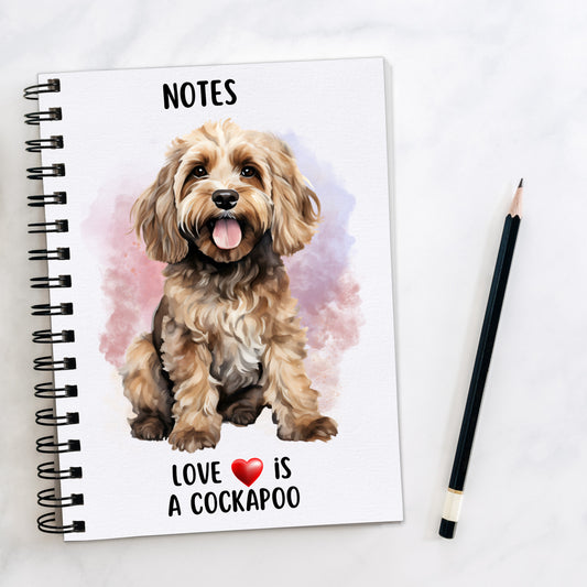 White spiral bound notebook showing a Cockapoo sat facing forward on a pink and lilac smoky background. A quote written at the bottom. A black pencil is placed to the right hand side.