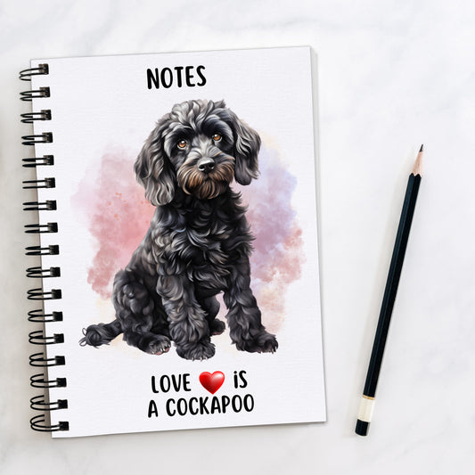 A5 white notebook with black spiral wire binding. A black Cockapoo sits on the front. A smoky pink and lilac background decorates and a black pencil is placed to the right hand side. A quote with a red heart is placed at the bottom of the book.