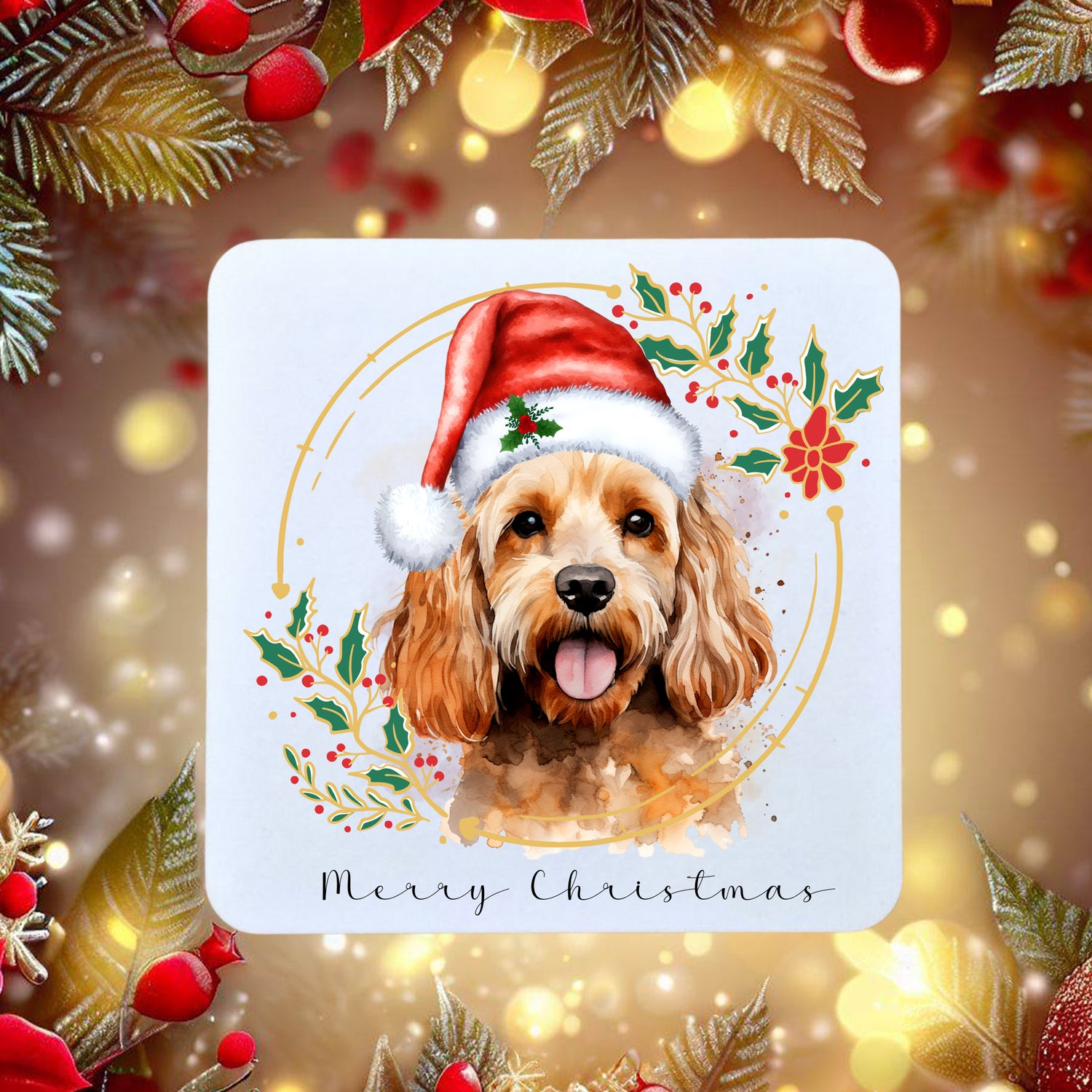 Apricot Cockapoo in a Santa hat on a Christmas themed coaster.