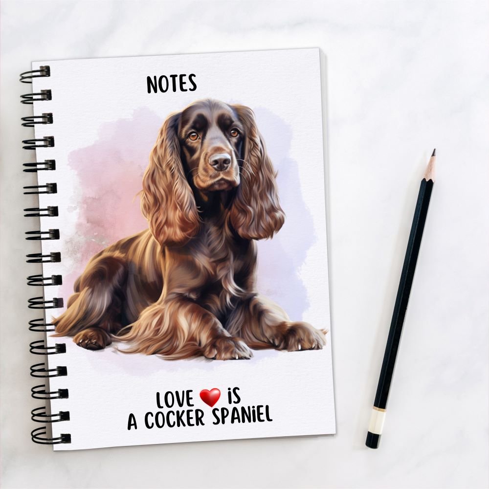 White spiral bound notebook with a liver Cocker Spaniel on the front with a smoky lilac and pink background.  Black wire binding and a black pencil to the right hand side.