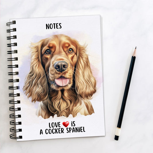 White spiral bound notebook with a golden Cocker Spaniel head shot on the front with a smoky lilac and pink background. Black wire binding and a black pencil to the right hand side.