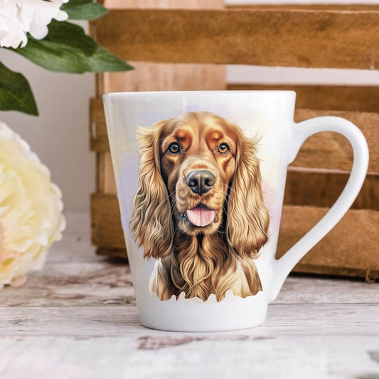 A ceramic mug with a printed image of a Golden Cocker Spaniel dog on it.