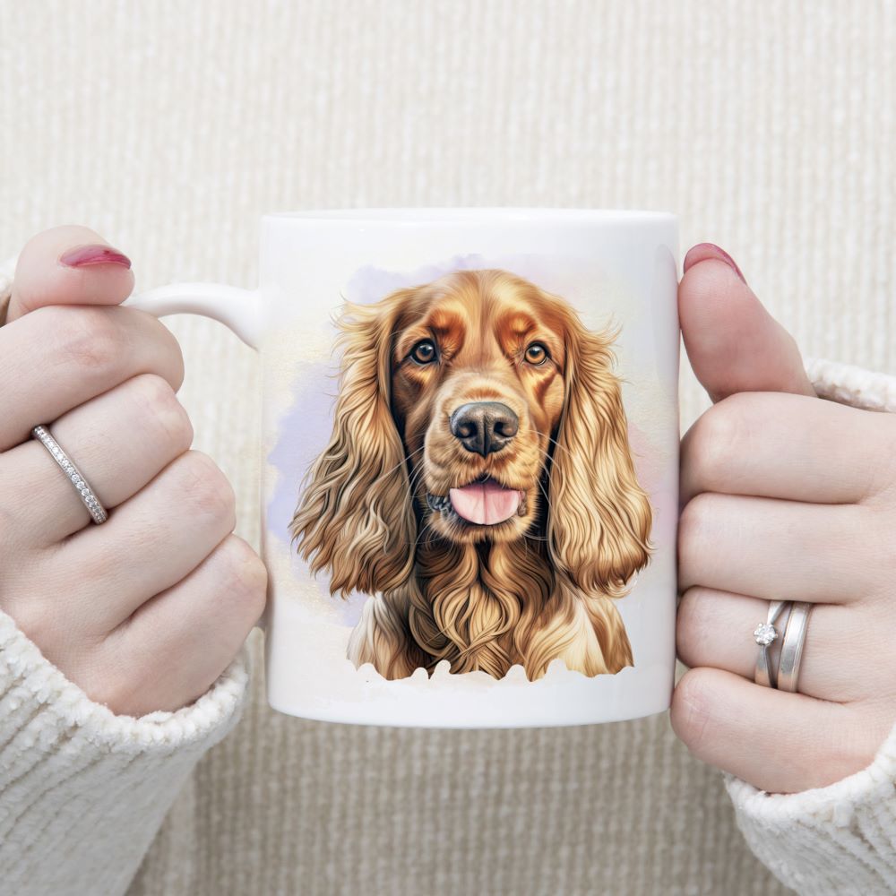 White ceramic mug with a headshot of a Golden Cocker Spaniel.  A lilac smoky background decorates. The mug is being held by a woman with both hands.