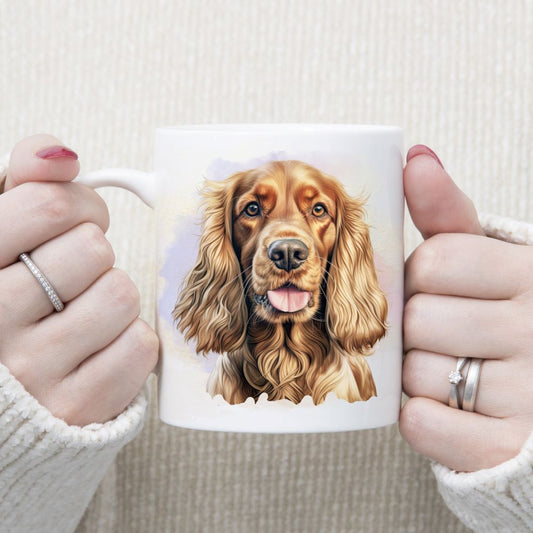 White ceramic mug with a headshot of a Golden Cocker Spaniel.  A lilac smoky background decorates. The mug is being held by a woman with both hands.