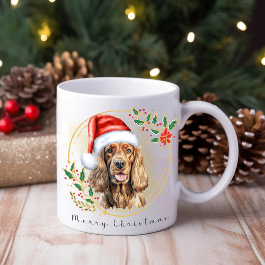 A white ceramic mug with a watercolour design of a Cocker Spaniel wearing a Santa hat, placed on a wooden surface with Christmas decorations around.