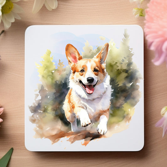 Corgi dog running through green foliage on a White coaster. Coaster is placed on a wooden surface.