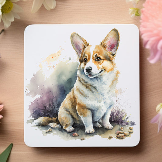 Corgi dog in a sitting position on a White coaster with a  smokey background and pebbles.  Coaster is placed on a wooden surface.