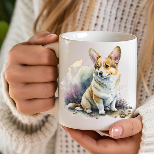 White 11oz ceramic mug with a vibrant printed image of a sitting Corgi dog.  The mug is being held in a woman's hands.