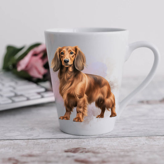 White 12oz ceramic latte coffe mug featuring a vibrant printed image of a standing Dachshund dog with a slightly smokey background The mug is placed on a grey wooden surface with a computer keyboard to the side..