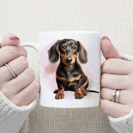 A white ceramic mug with a black and tan smooth coated dachshund on a pink smoky background. A woman is holding the mug.