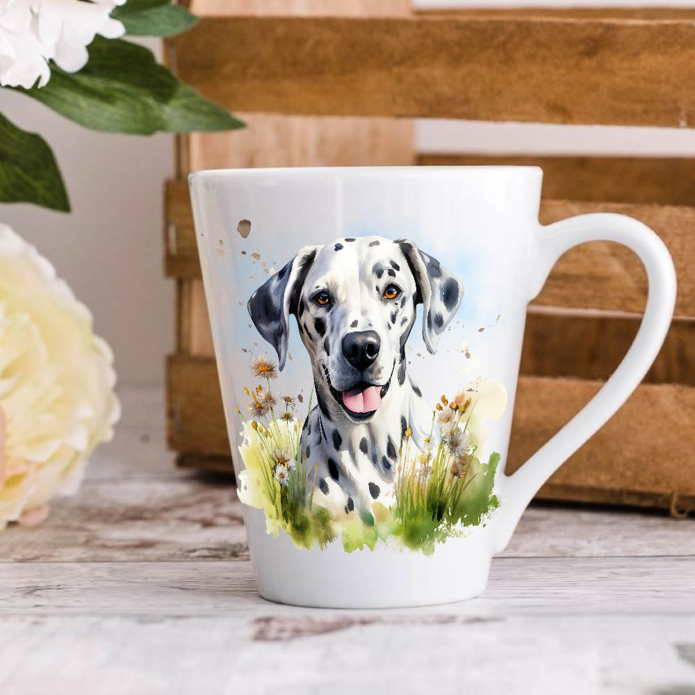 A white ceramic latte mug stands on a wooden surface with a crate in the background. The mug features a spotty Dalmatian.  A large yellow flower peeps in from the left-hand side