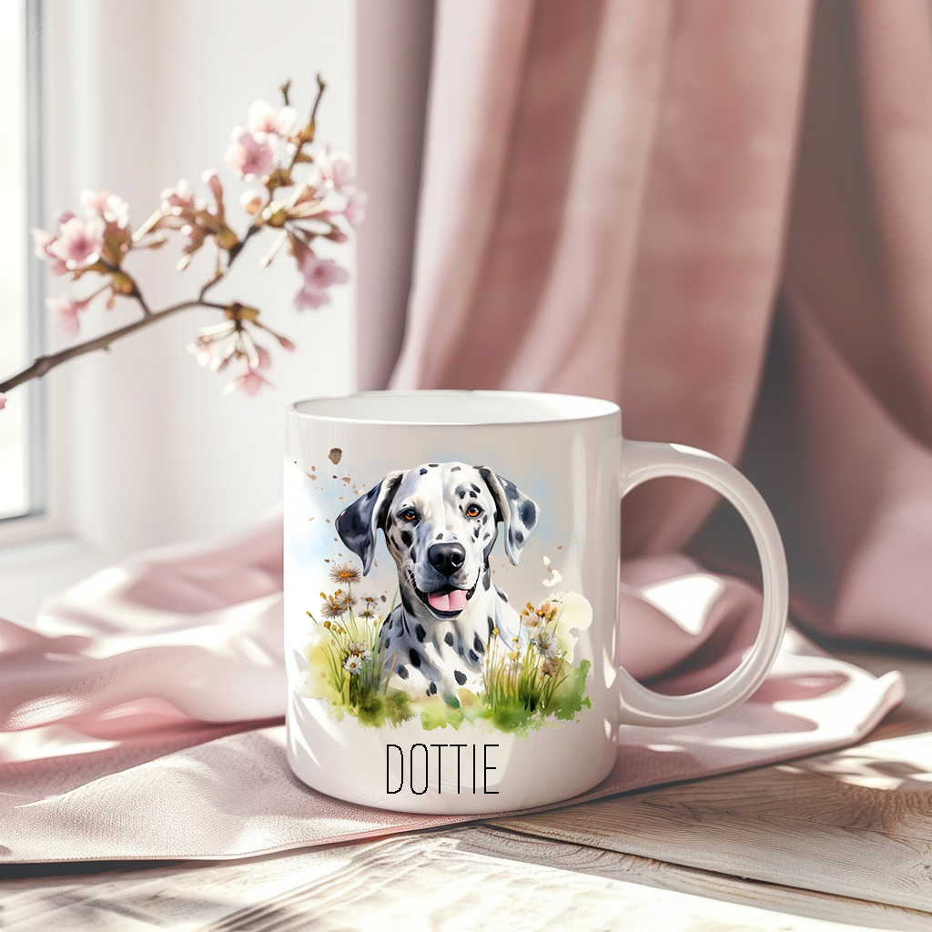 Dalmatian laid among grass and wildflowers on a white ceramic mug which has been placed on a pink drape.  A stem of small pink flowers accessorizes the image.