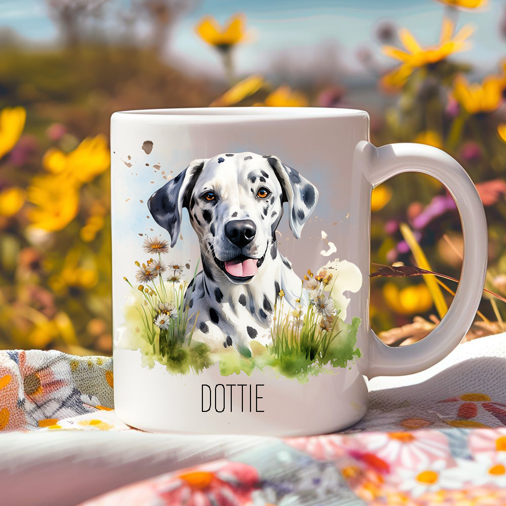 Bright yellow flowers surround this lovely personalised ceramic mug depicting a beautiful spotty Dalmatian.  The mug is placed on a floral multicoloured tablecloth.
