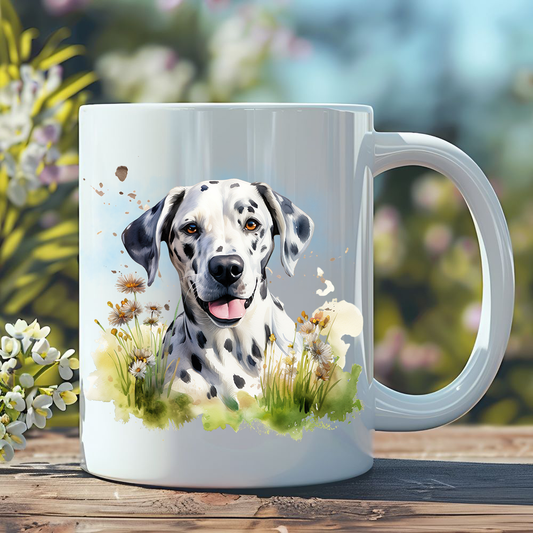 Bright white and lilac flowers in an outdoor setting set the scene for this lovelthis lovely ceramic mug depicting a Dalmatian laid in the grass.  The mug is placed on a rustic wooden surface.