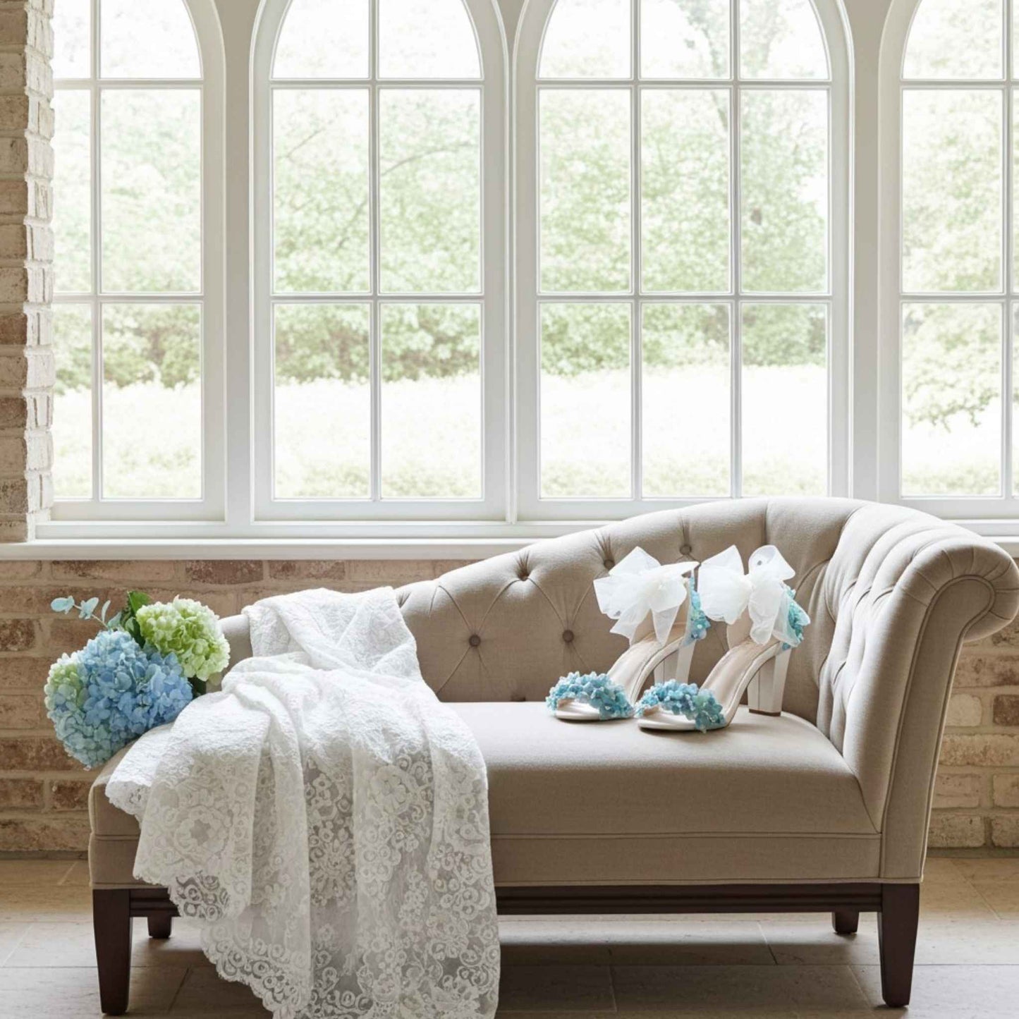Beige sofa with lace gown and decorative bridal shoes in a bright room with large windows.