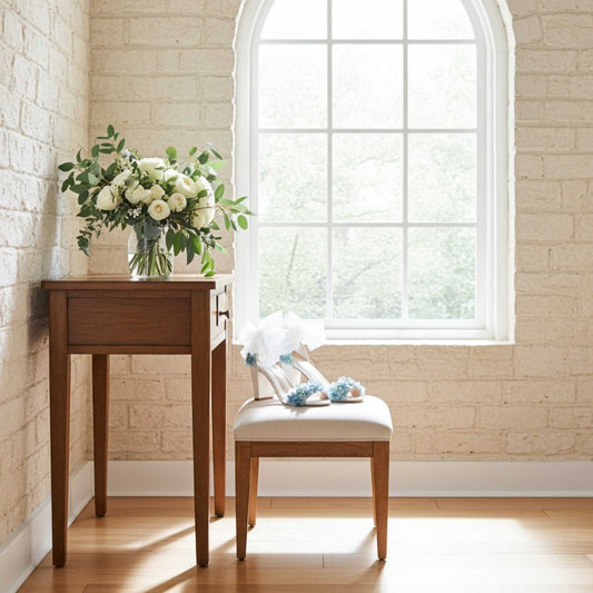 Wooden table with a vase of flowers and a chair with floral bridal shoes on it in a room with a large window.