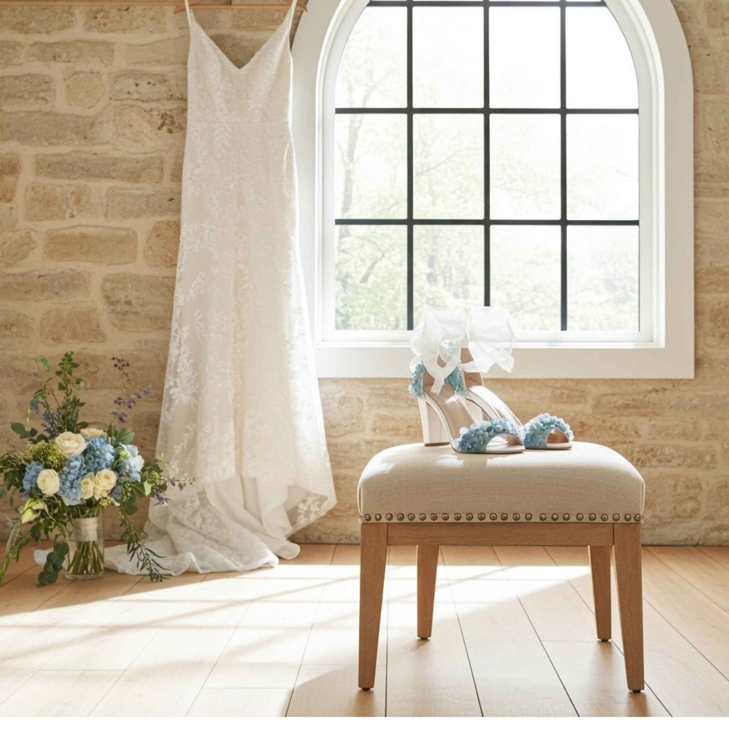 Ivory wedding dress hanging on a rail with floral high-heeled bridal shoes and a bouquet of flowers on a stool in a room with a large window.