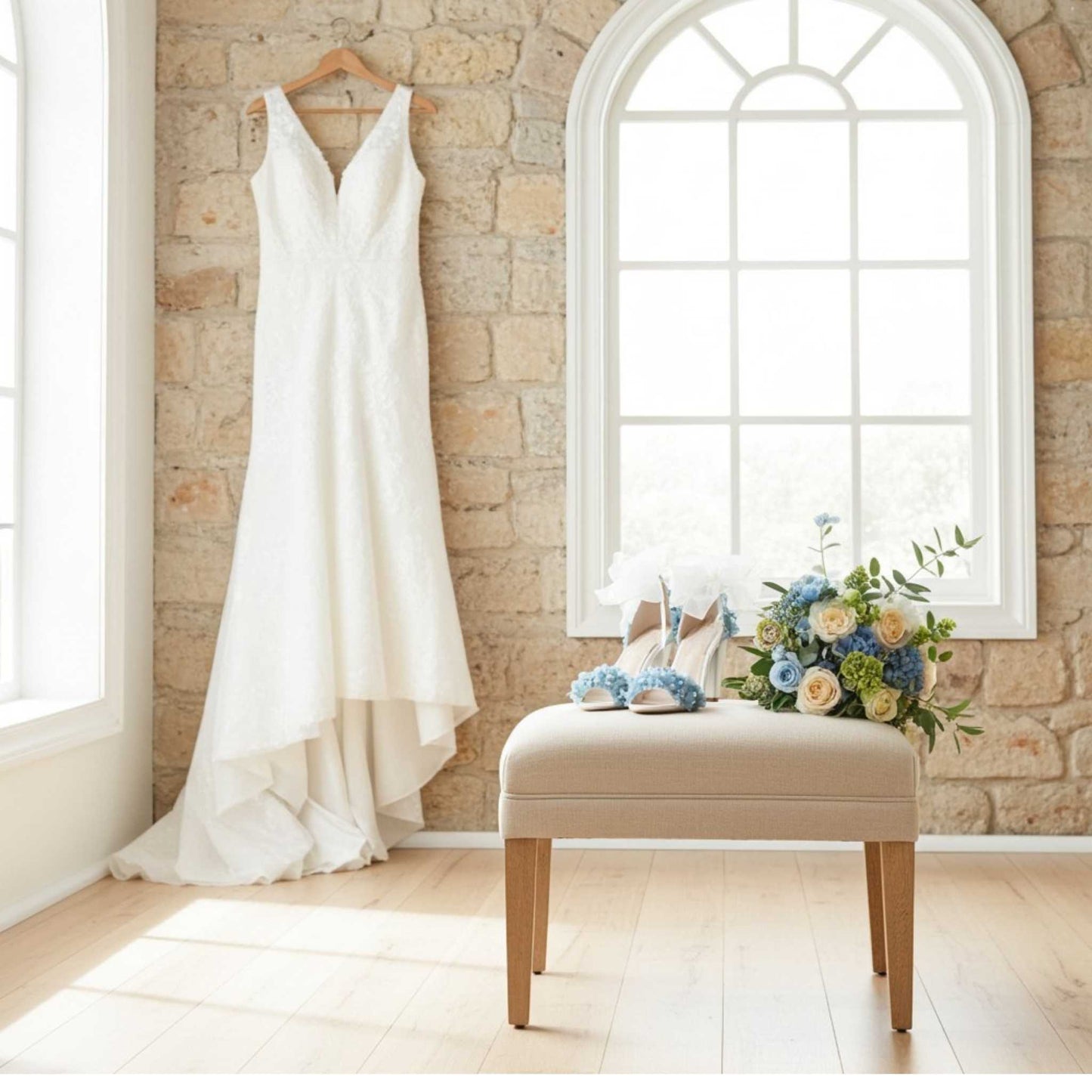 White wedding dress hanging on a stone wall with bridal shoes and flowers on a bench.