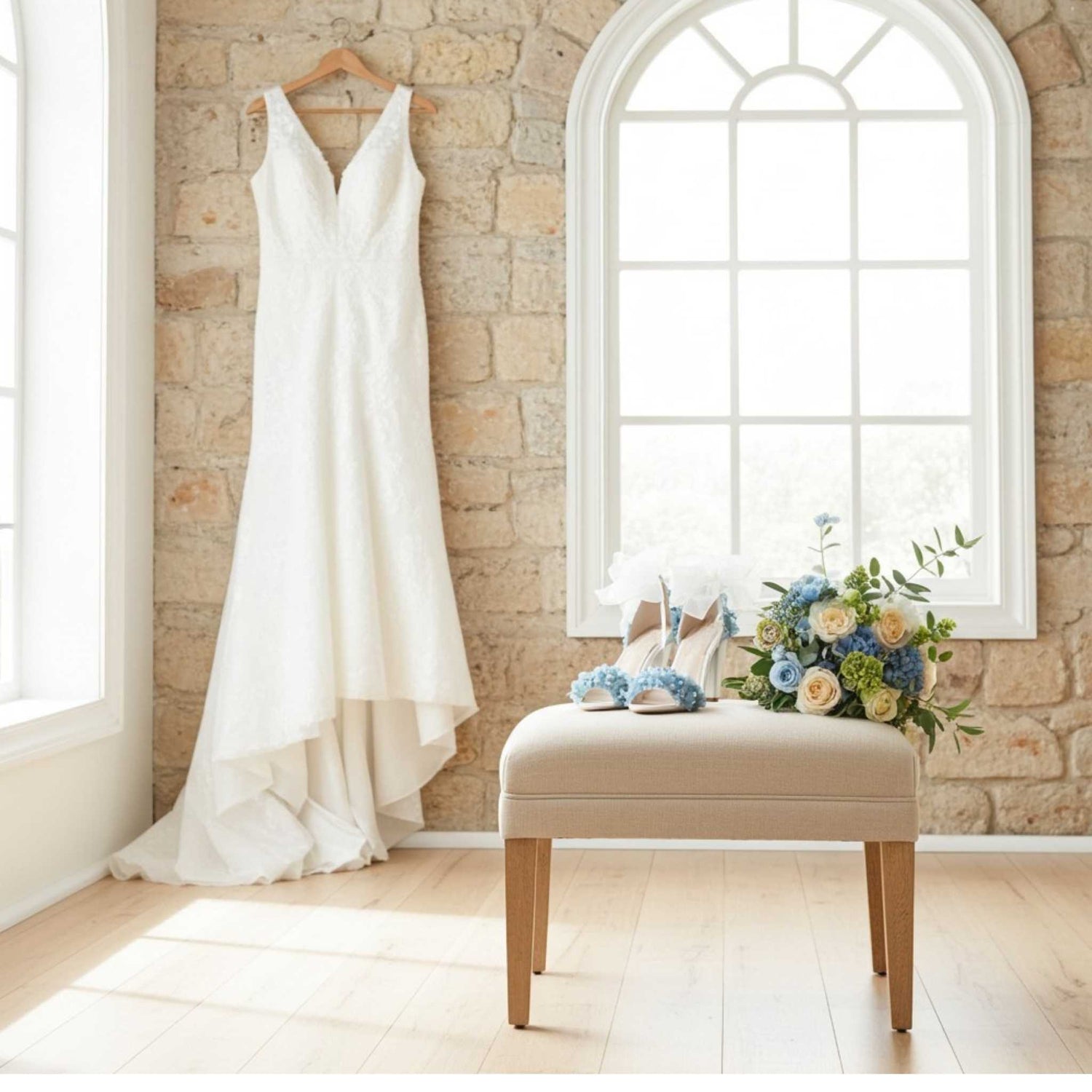 White wedding dress hanging on a stone wall with bridal shoes and flowers on a bench.