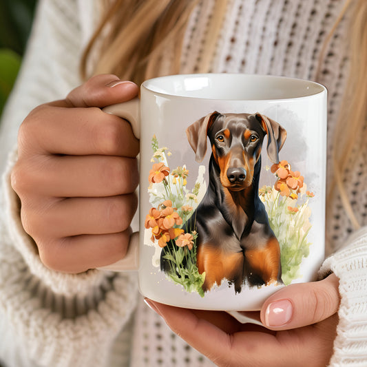 A 12oz white ceramic mug with a printed image of a liver and tan Doberman facing forward and sitting among flowers. A computer keyboard sits in the background.  The mug is positioned on a wooden surface.