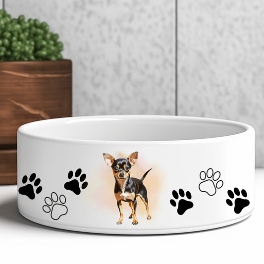 Dog bowl with a black and tan smooth chihuahua in a standing position.