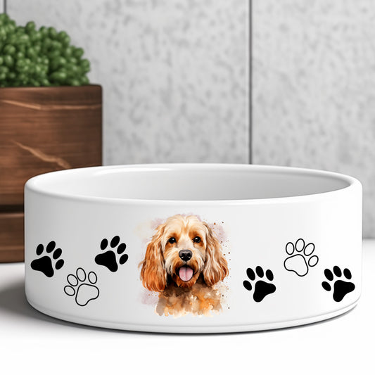 Apricot coloured cockapoo on a pet bowl with paw prints. Green plant in the background.
