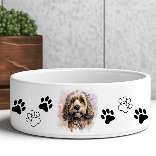 white pet bowl with image of a cockapoo and paw prints