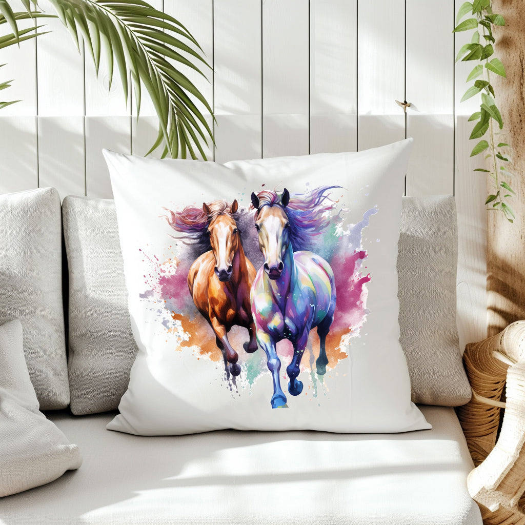 Two Horses running forward.  Multi-colours decorate background on the front of a white cushion.  The cushion is placed on a cream sofa.  White panels and green fern create the background.