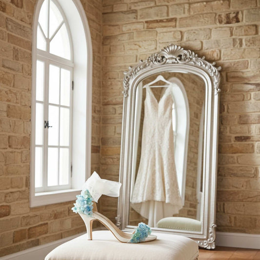 Floral bridal shoes with organza strap, ivory wedding dress hanging in a large ornate mirror against a brick wall with a high window.