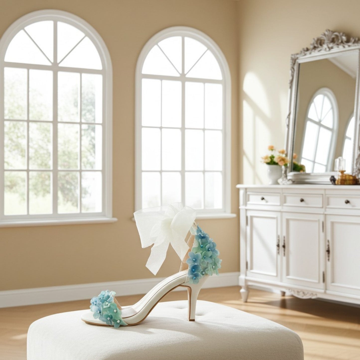 Ivory floral high-heeled shoe with floral decorations on a white stool in a bright room with large windows.