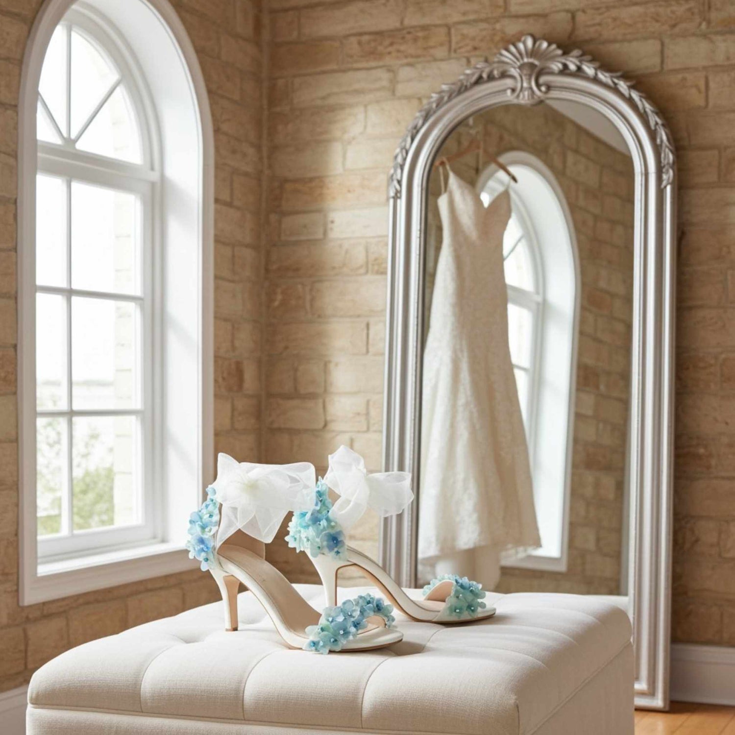 Bridal shoes with floral decorations on a bench in front of a mirror reflecting a wedding dress.