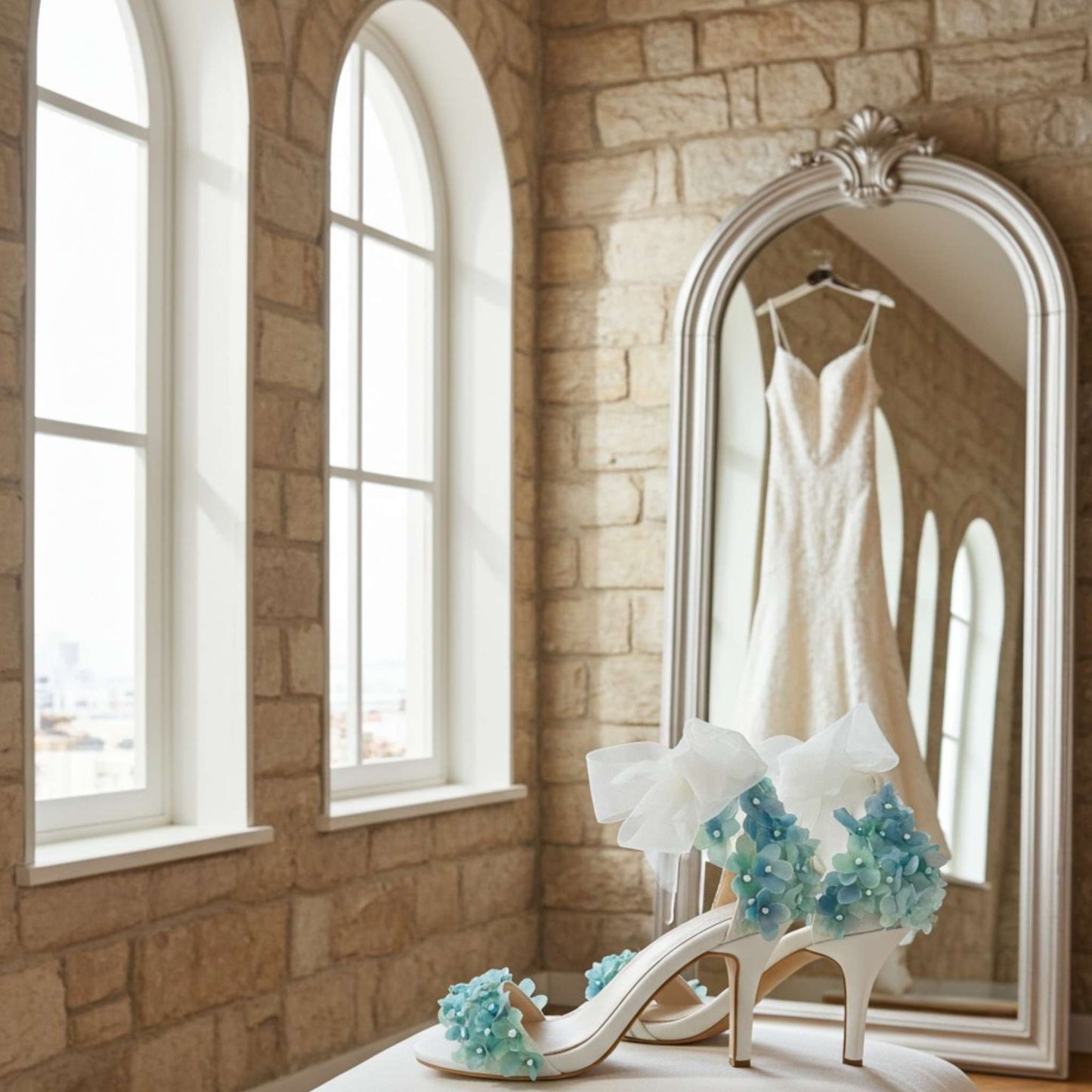 White wedding dress with floral detail bridal shoes hanging in a room with stone walls and large windows.