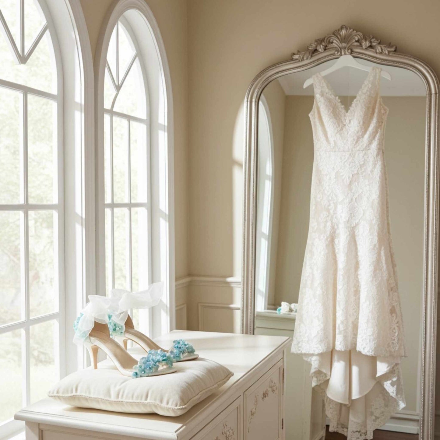 Bridal shoes on a cushion with lace wedding dress hanging on a mirror in a bright room with large windows.