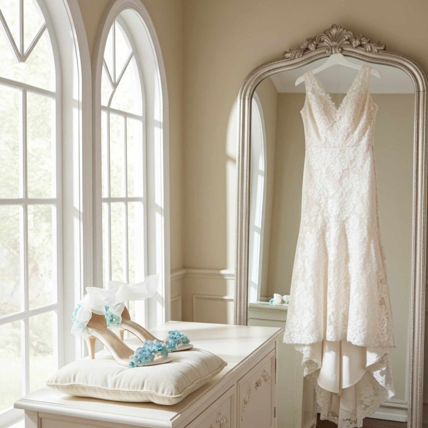 Bridal shoes on a cushion with lace wedding dress hanging on a mirror in a bright room with large windows.