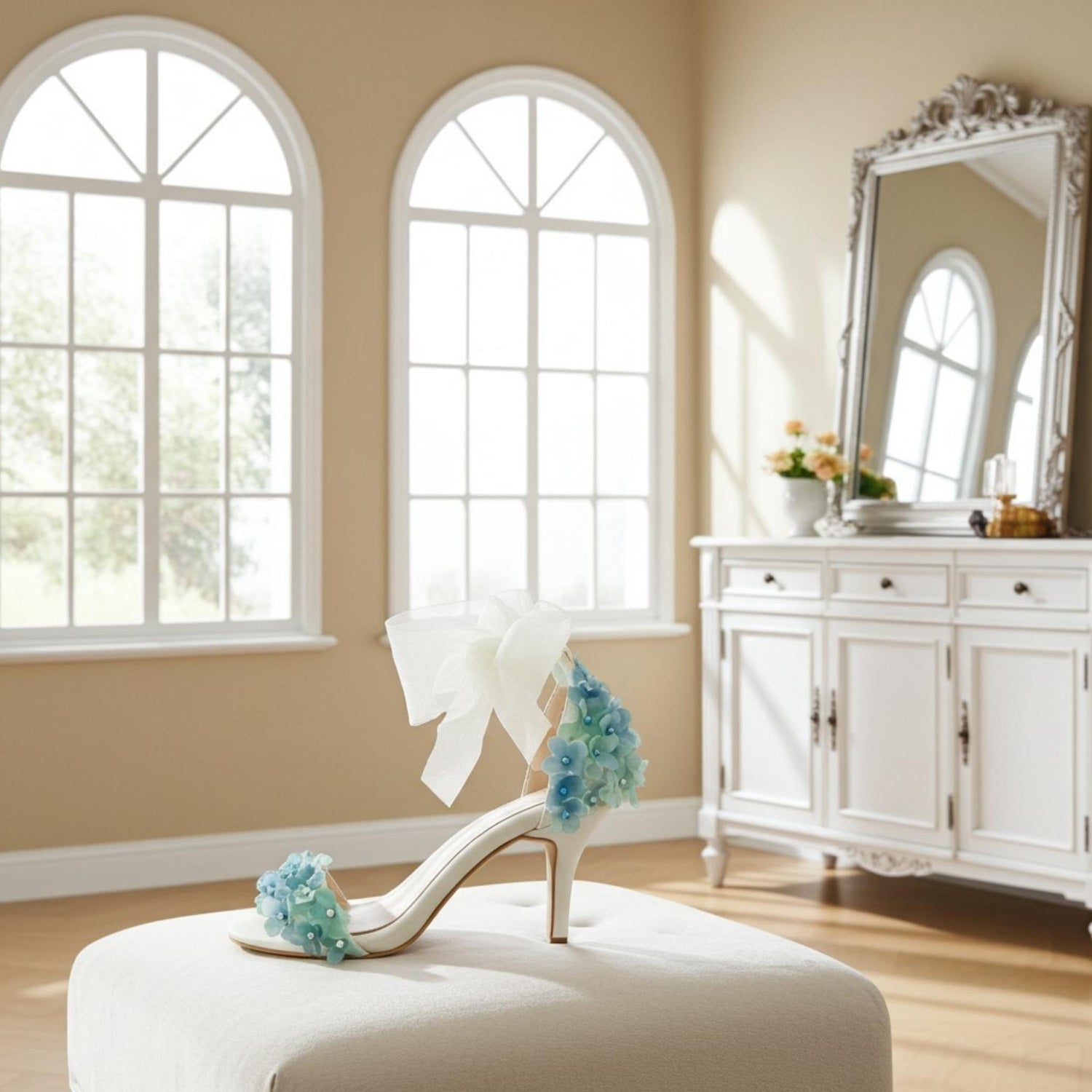 Ivory high-heeled shoe with floral decorations on a white stool in a bright room with large windows and a mirror.