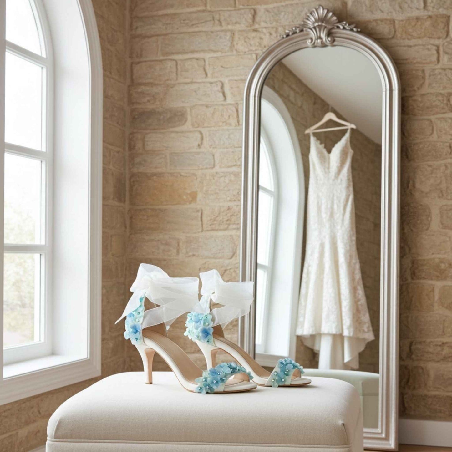 White high-heeled shoes with blue floral decorations on a white stool in front of a mirror reflecting a wedding dress.