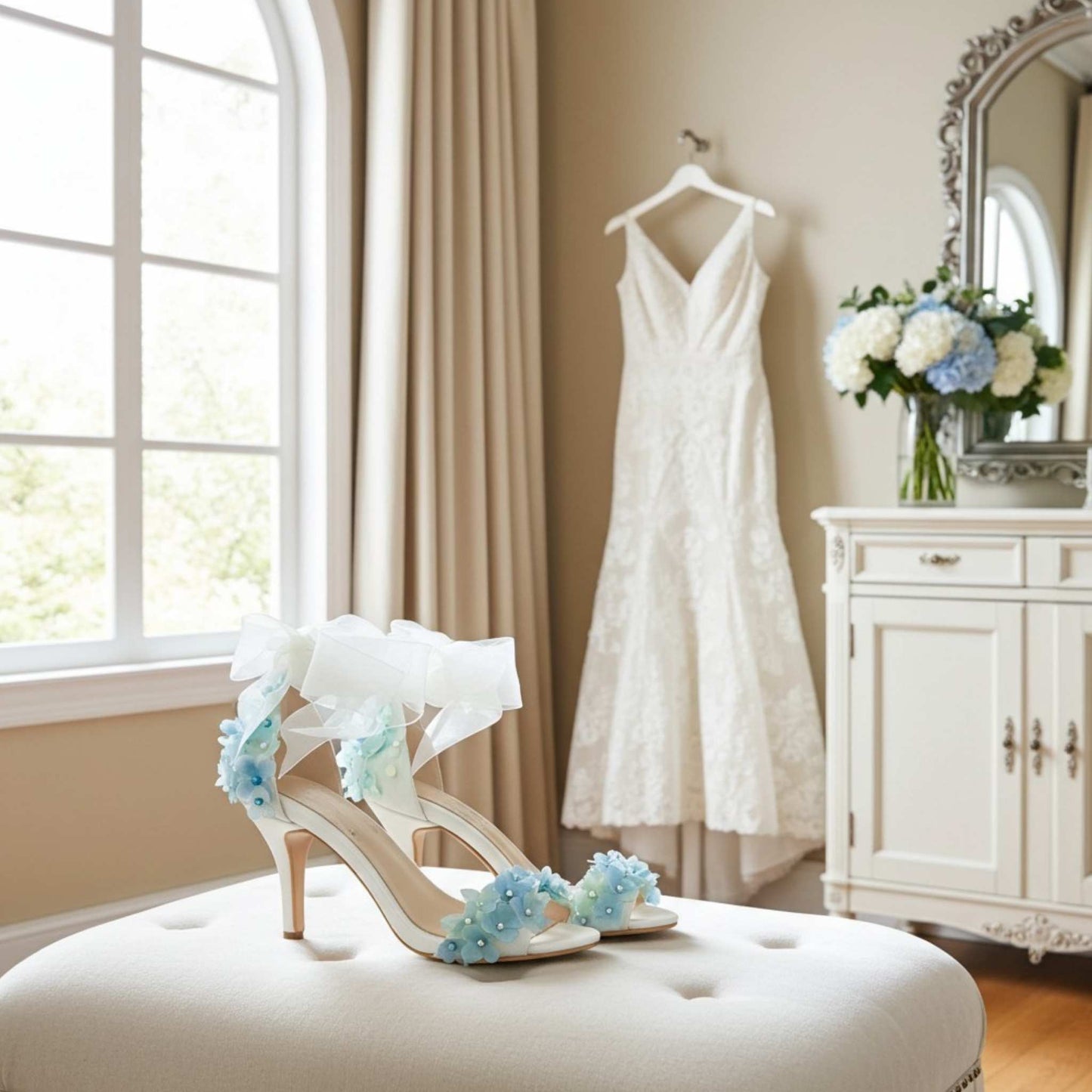 Decorative high-heeled bridal shoes with floral details on a white ottoman in a room with a wedding dress and flowers.