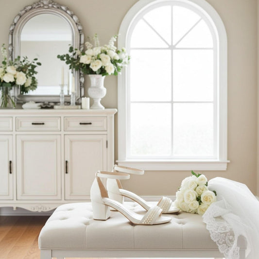 Ivory mid-heeled bridal shoes on a white stool with flowers and a mirror in the background