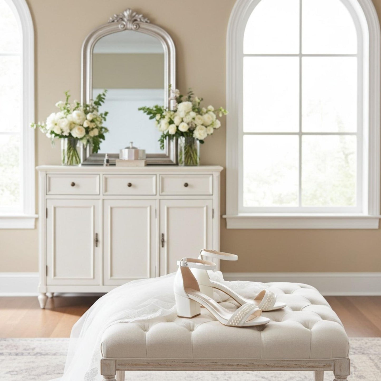 White dresser with mirror, white flowers, and ivory pearl shoes on a ottoman in a bright room.