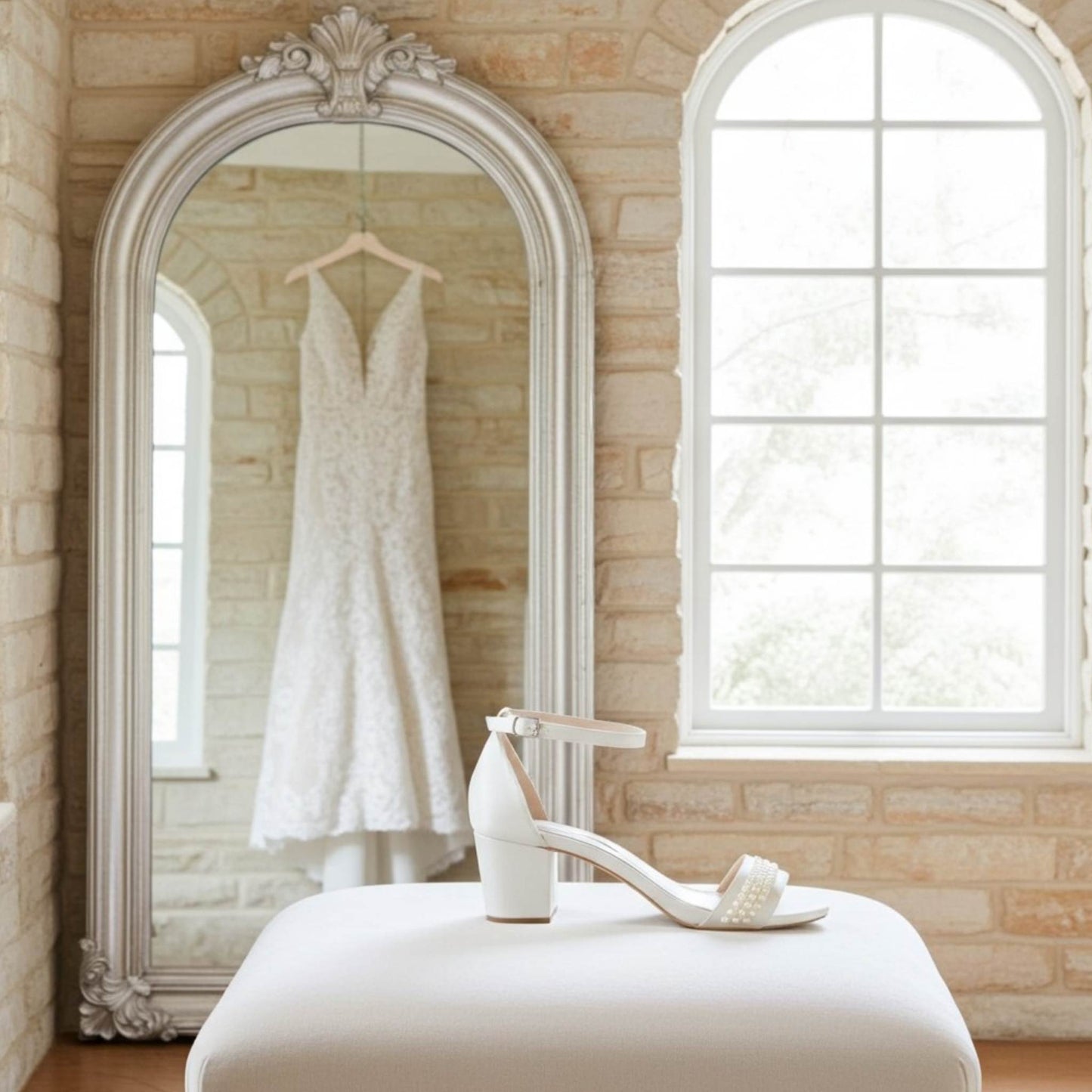 Ivory pearl bridal shoe on a stool with wedding dress hanging in a room with a large mirror and a window.