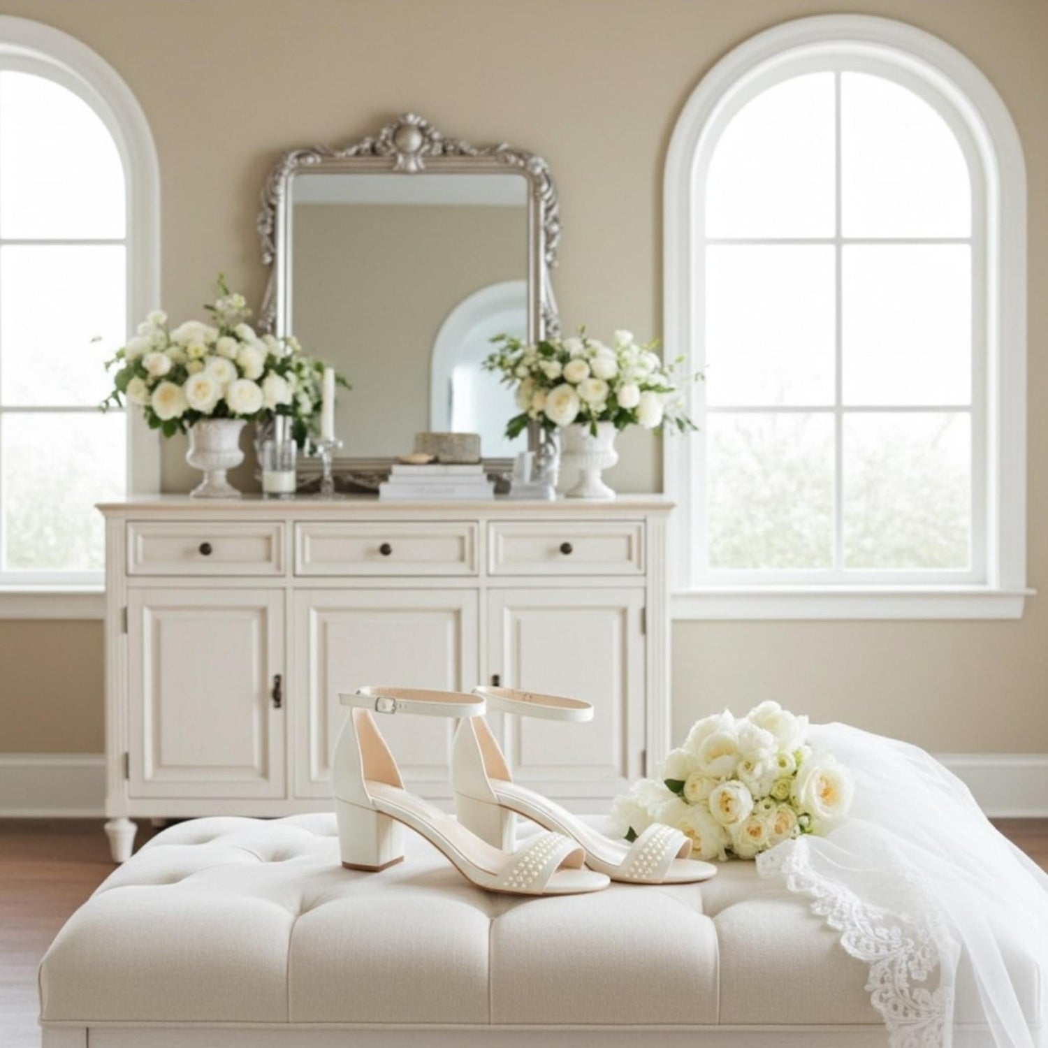 Ivory bridal shoes on a ottoman with a mirror and flowers in the background