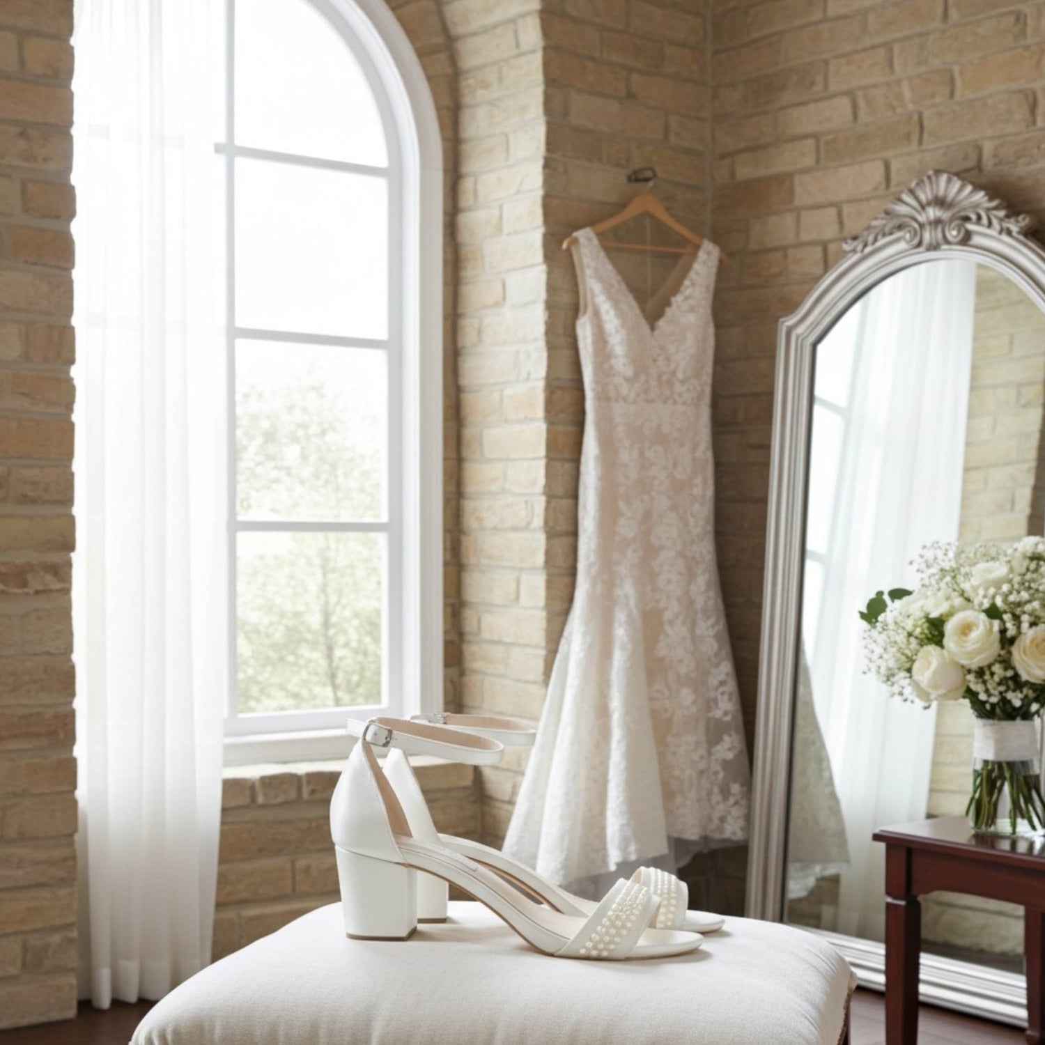 Pair of ivory pearl bridal shoes with low block heel and wedding dress hanging on a brick wall.